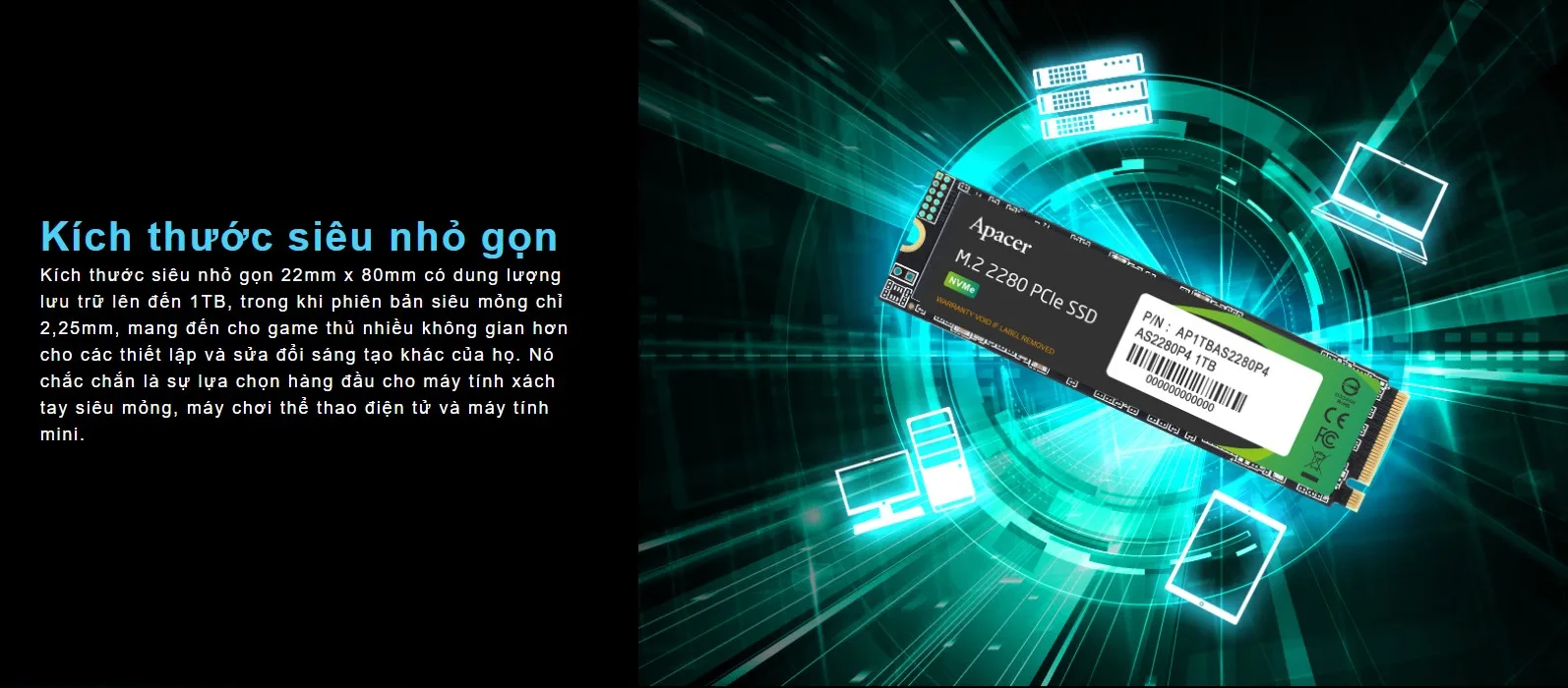 Ổ cứng SSD Apacer AS2280P4 256GB PCIe NVMe 3x4 (Đọc 2100Mb/s - Ghi 1300Mb/s) - (AP256GAS2280P4-1)